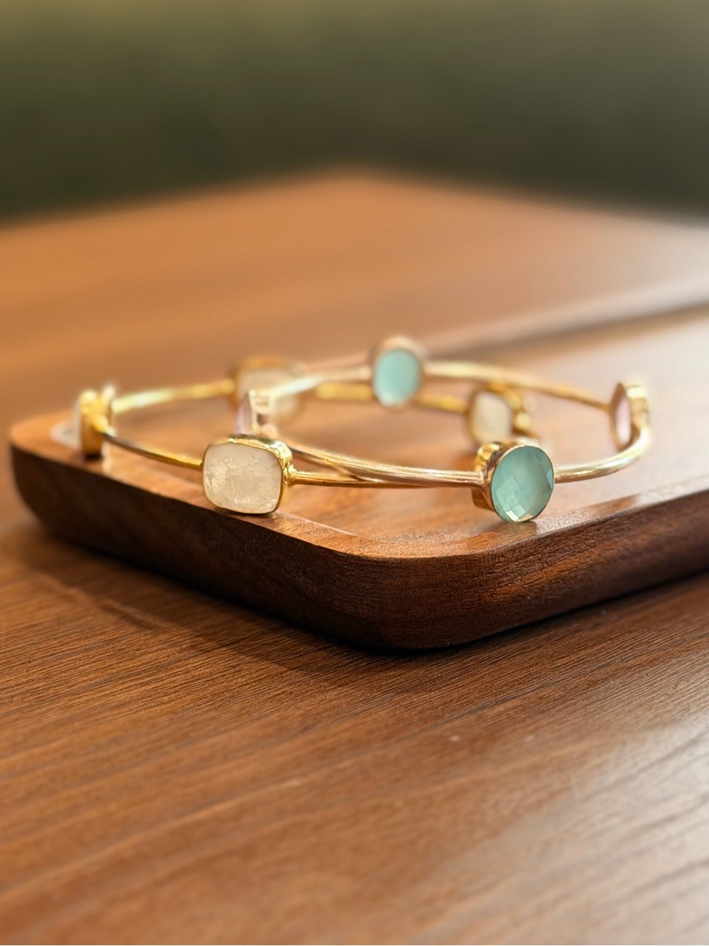 Set 2 Gold Tone Plated Bangles W Cuff Moonstone Pink Quartz Cut Bezel Set Stones